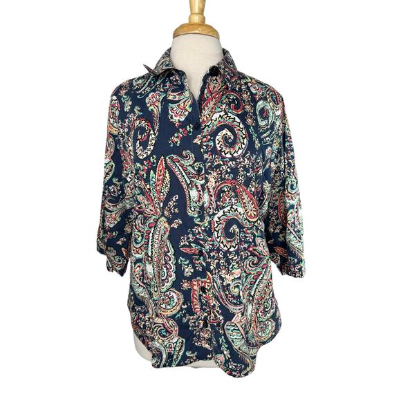 CHICOS No Iron Blue Pink Multi Paisley Button Up Shirt Size XL (3) *READ* - Picture 1 of 11